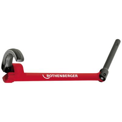 A red tool from Rothenberger, a lever pipe bender, for bending pipes. On the right, a long lever, on the left, the bending unit.