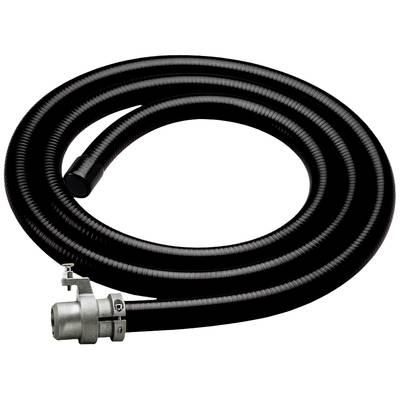 A black, spiral-shaped hose with a metallic coupling at the end, suitable for industrial or technical applications.