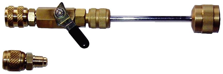 A brass valve with a lever handle and elongated nozzle, alongside a small adapter. Suitable for pressure or gas regulation.