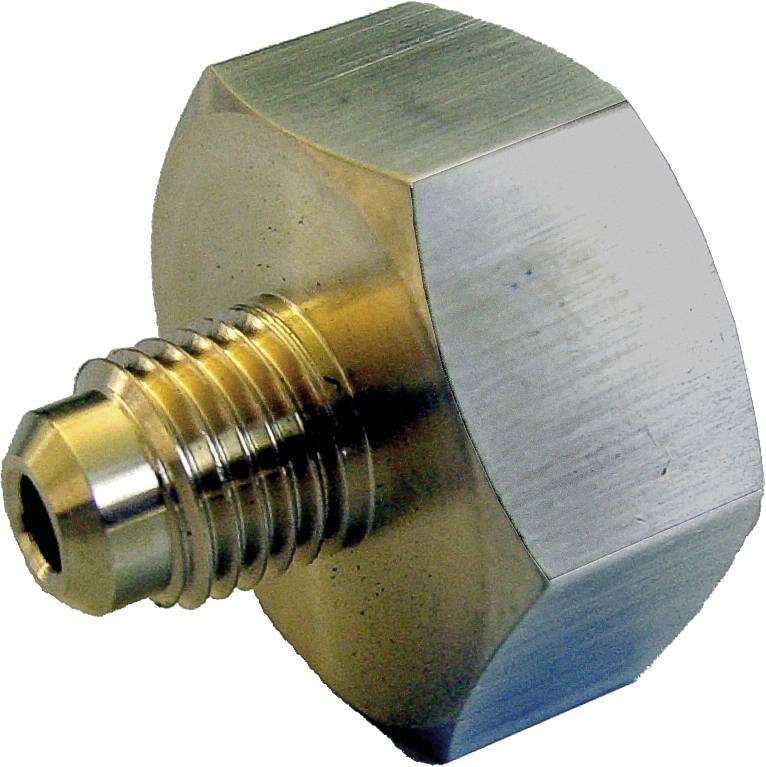 Hexagonal metal adapter with an external thread on one end and a flat end. Connects pipelines or hoses.