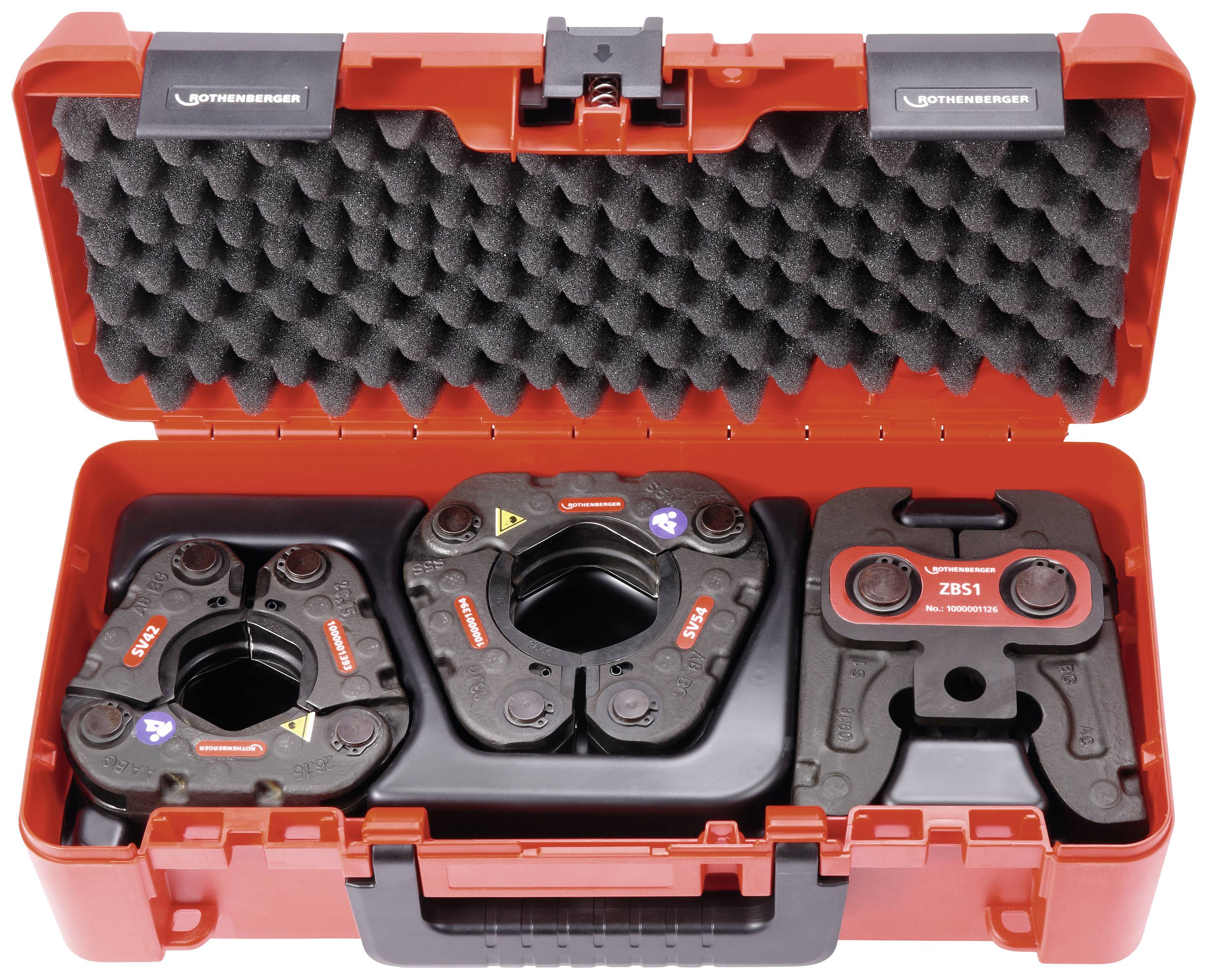 An open, red toolbox displays various press jaws for pipe connections with foam lining for protection.