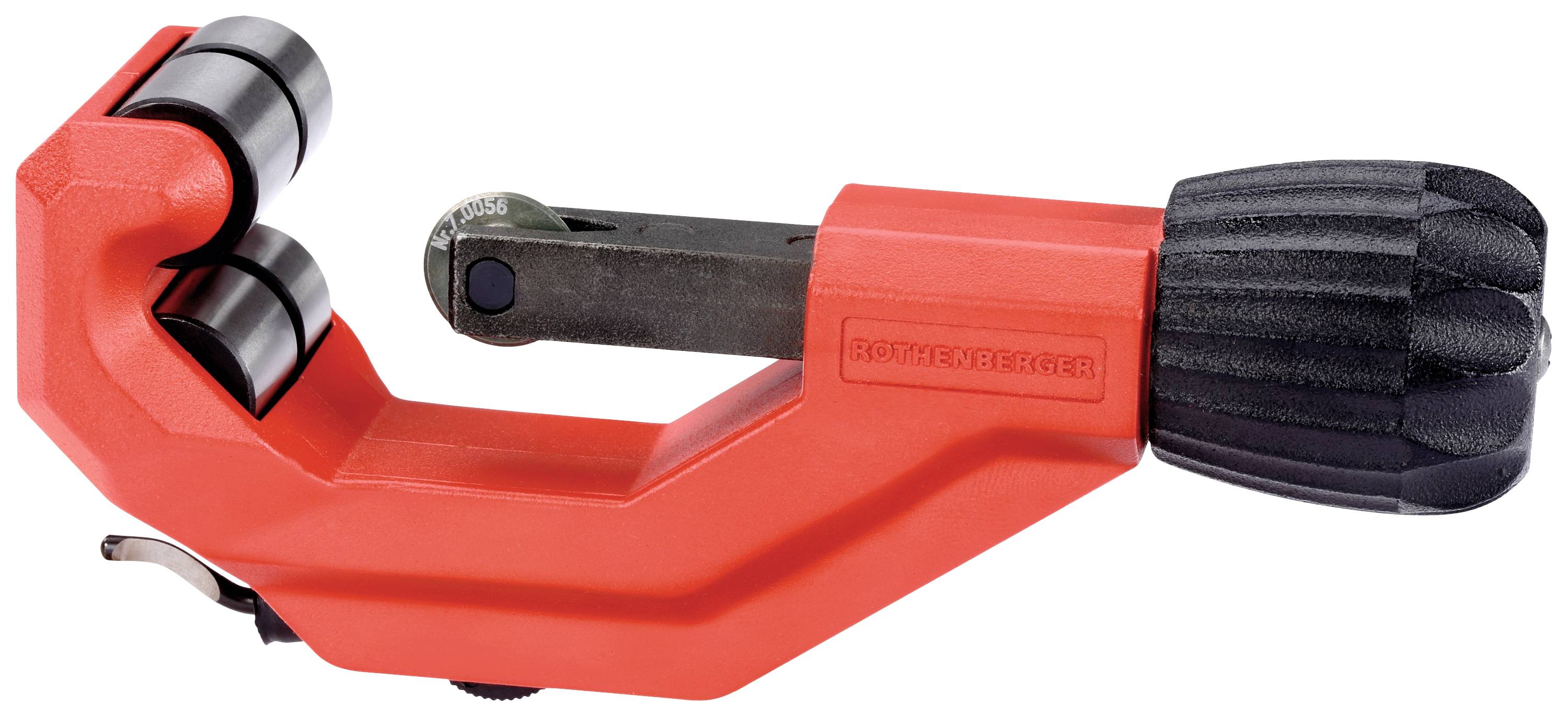 A red pipe cutter with a black handle and two cutting wheels, used for cutting metal pipes.
