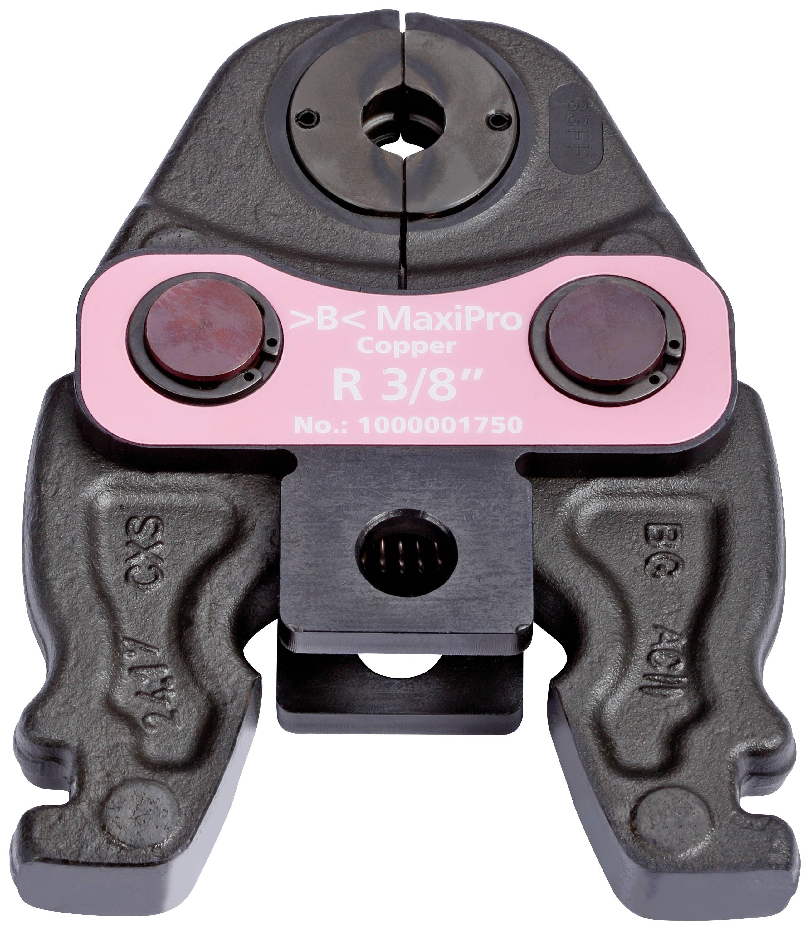 A tool attachment with the inscription 'MaxiPro Copper R 3/8"', used for securing copper pipes in plumbing installation.