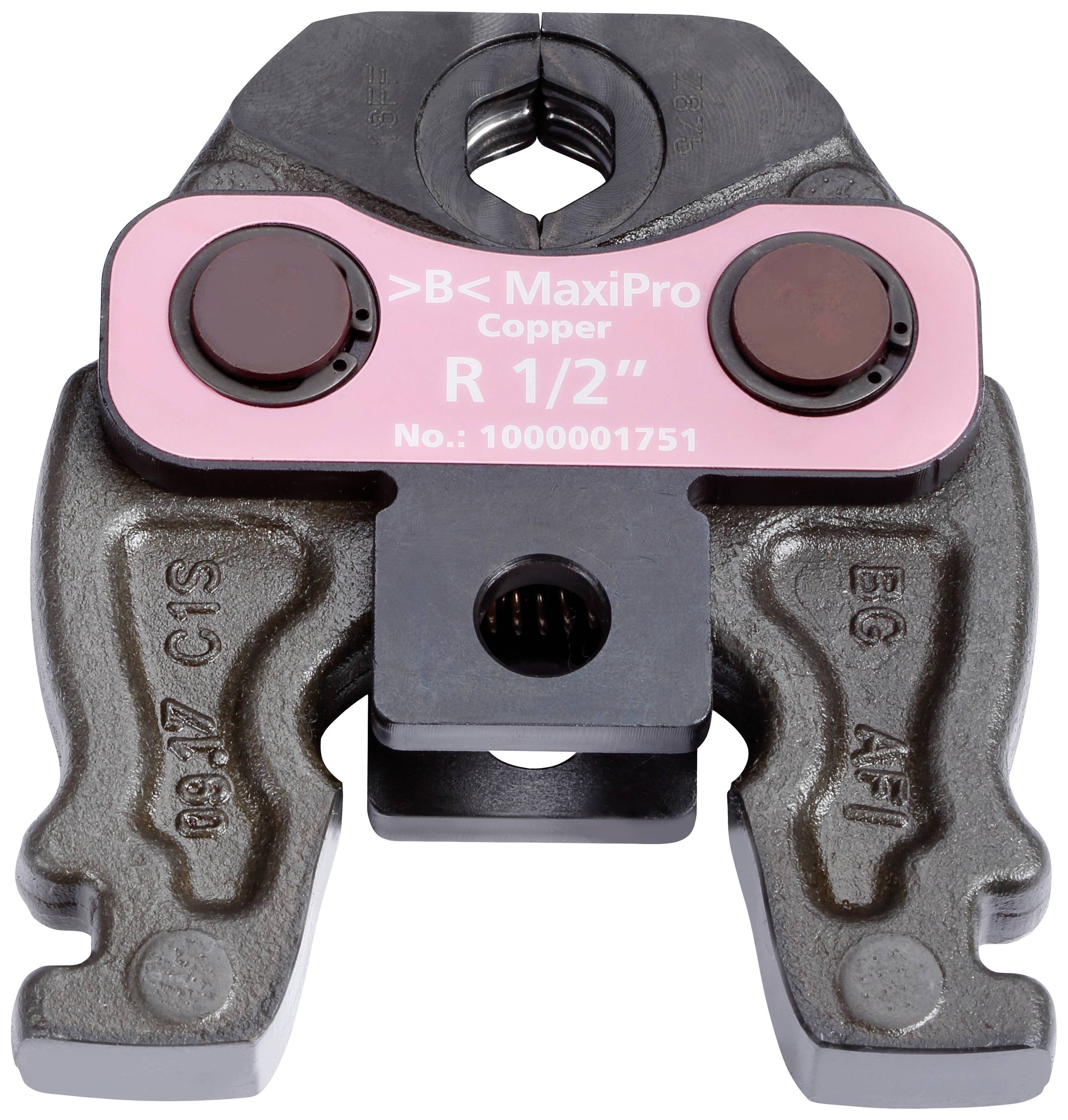 Crimping tool with metallic head and pink label bearing the inscription 'MaxiPro Copper R 1/2', item number 1000001751, for copper pipes.