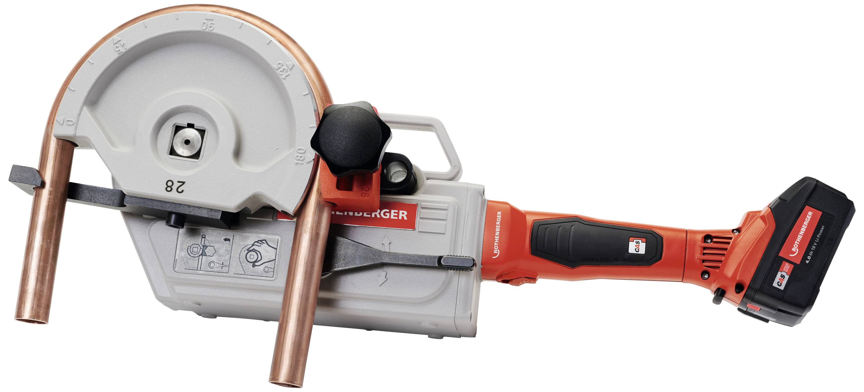 Handheld battery-powered pipe bending device. Two copper pipes being bent at an angle. Device in red and grey colouring.