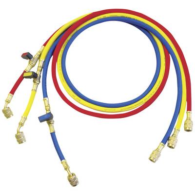 'Colourful refrigerant hoses in red, yellow and blue with gold-coloured fittings, used in refrigeration technology.'