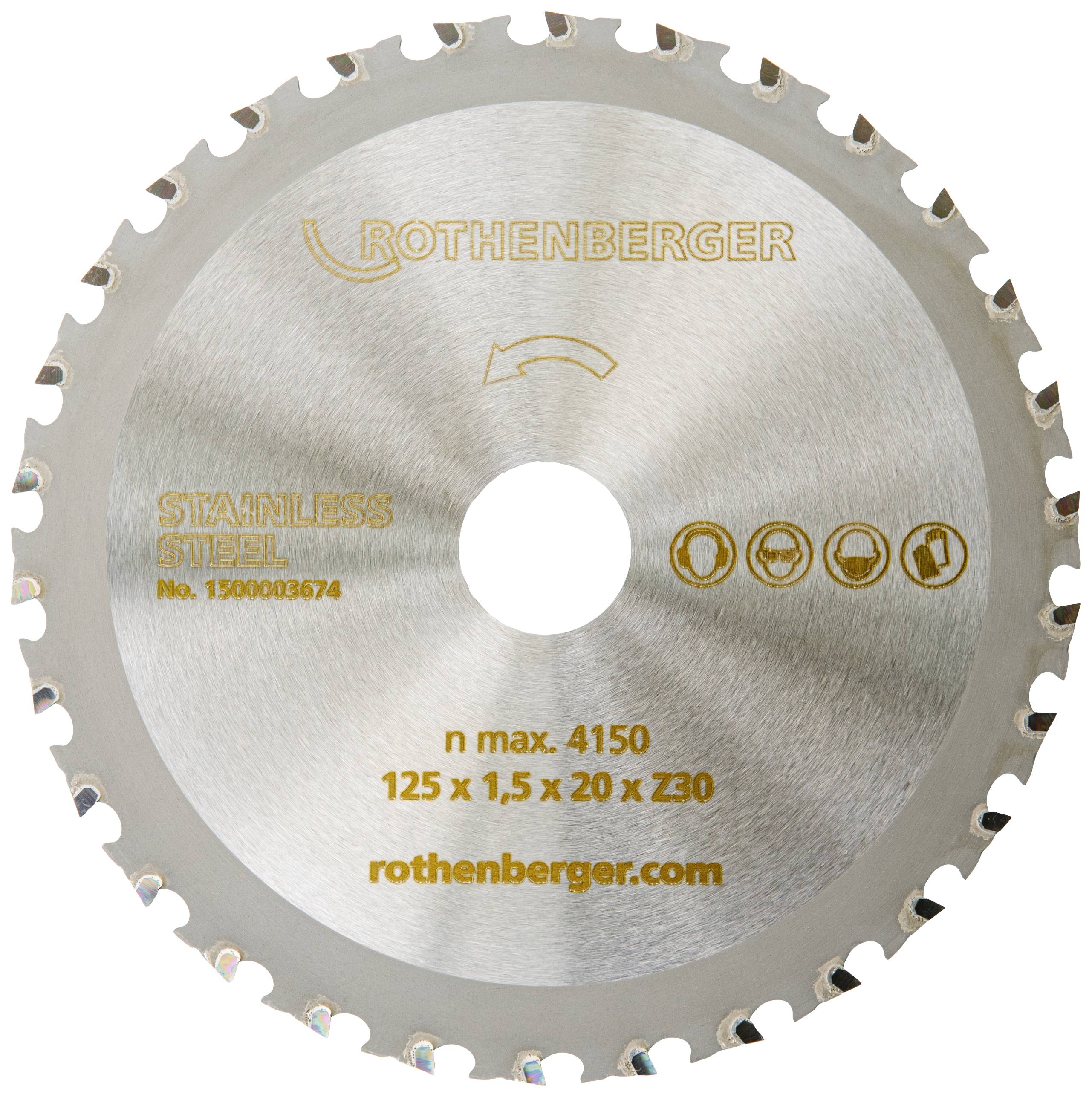 Stainless steel saw blade with 'Rothenberger' brand logo, specifications: 125 x 1.5 x 20 x Z30, maximum rotational speed 4,150 rpm.