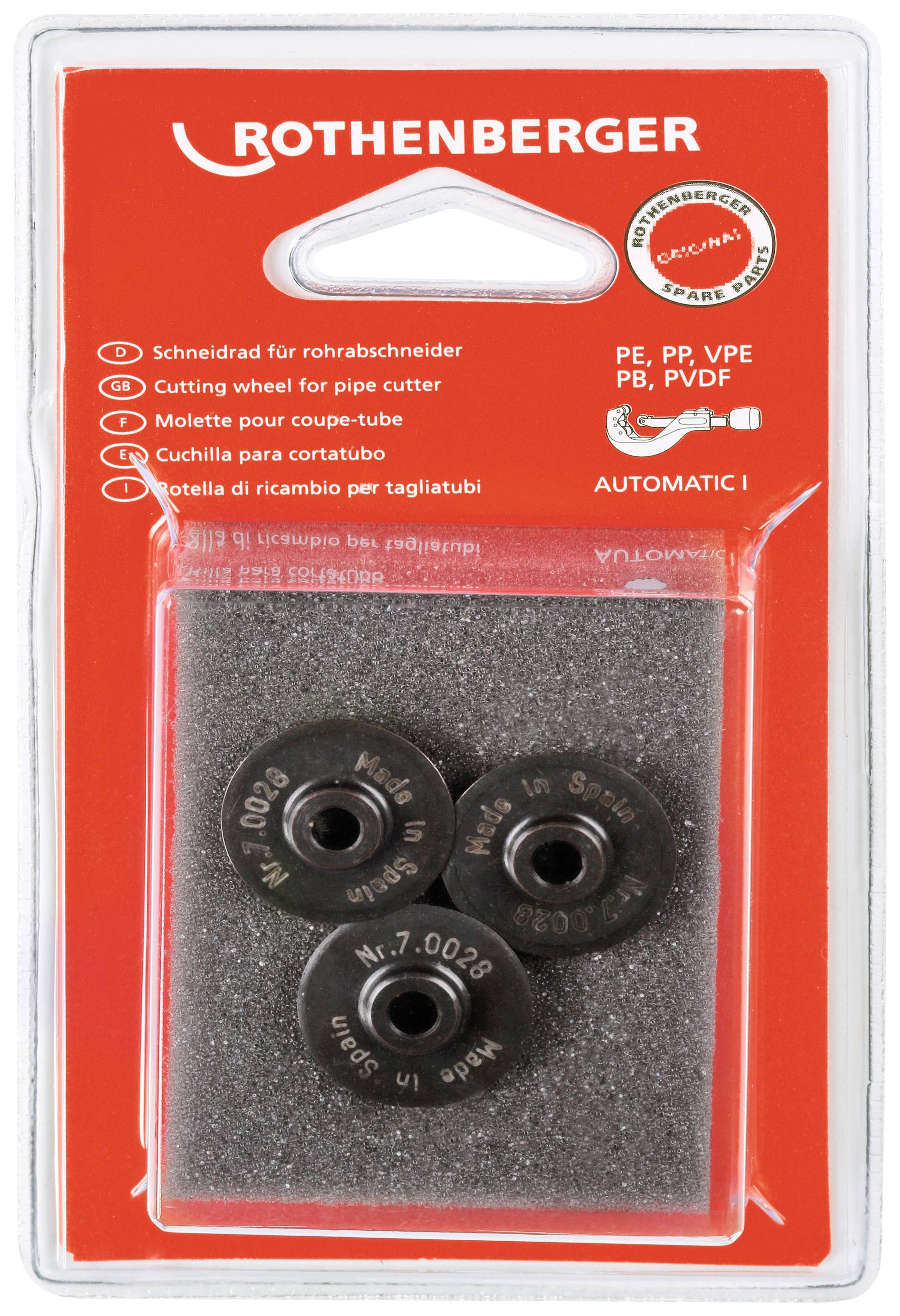 Three replacement cutting wheels for Rothenberger pipe cutters in a blister pack. Suitable for PE, PP, VPE, PB, PVDF.