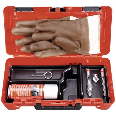 Red toolbox with brown work gloves, lubricant, springs, screwdriver bit and metal ring arranged in an orderly manner.