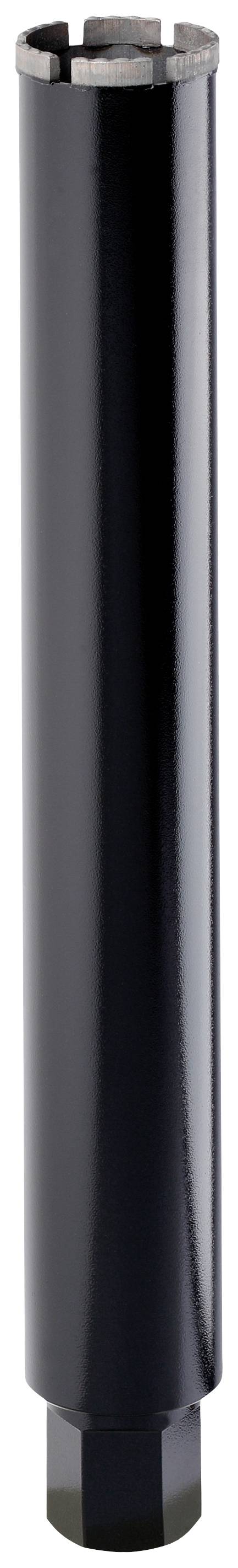 A black, cylindrical metal drill bit with a hexagonal base, front view.