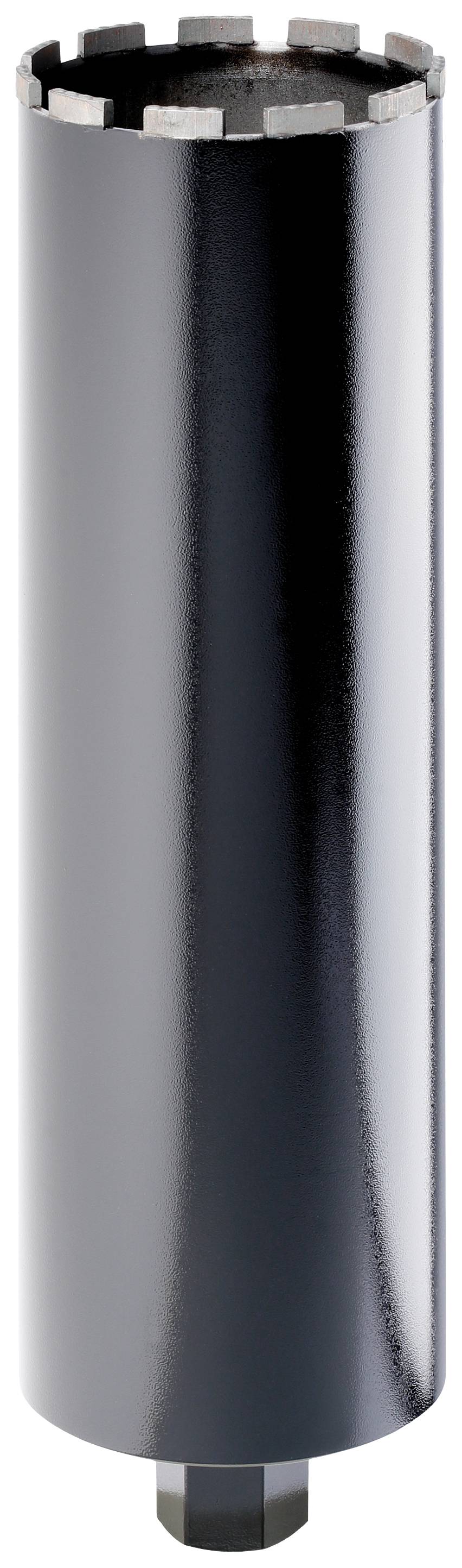 A black cylindrical drill bit with serrated edges at one end, used for drilling into hard materials such as concrete.