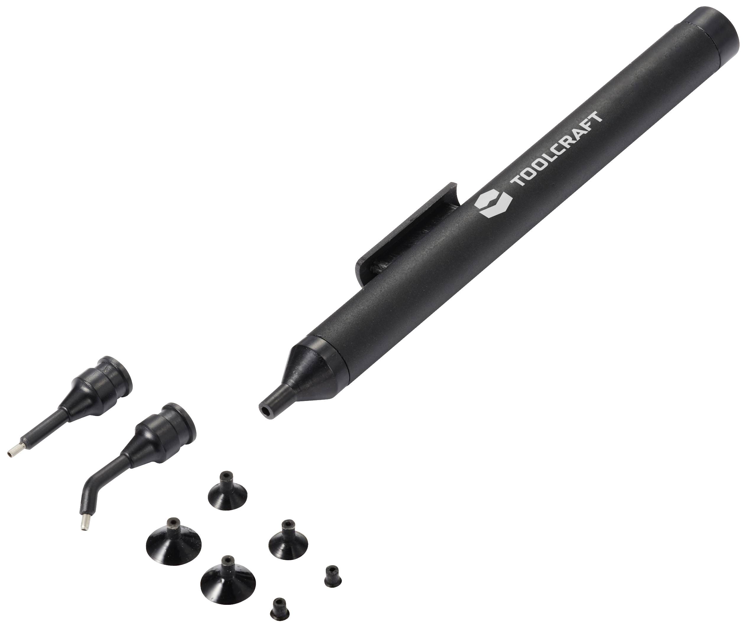 Black vacuum pen with 'Toolcraft' inscription and seven different interchangeable tips and nozzles.