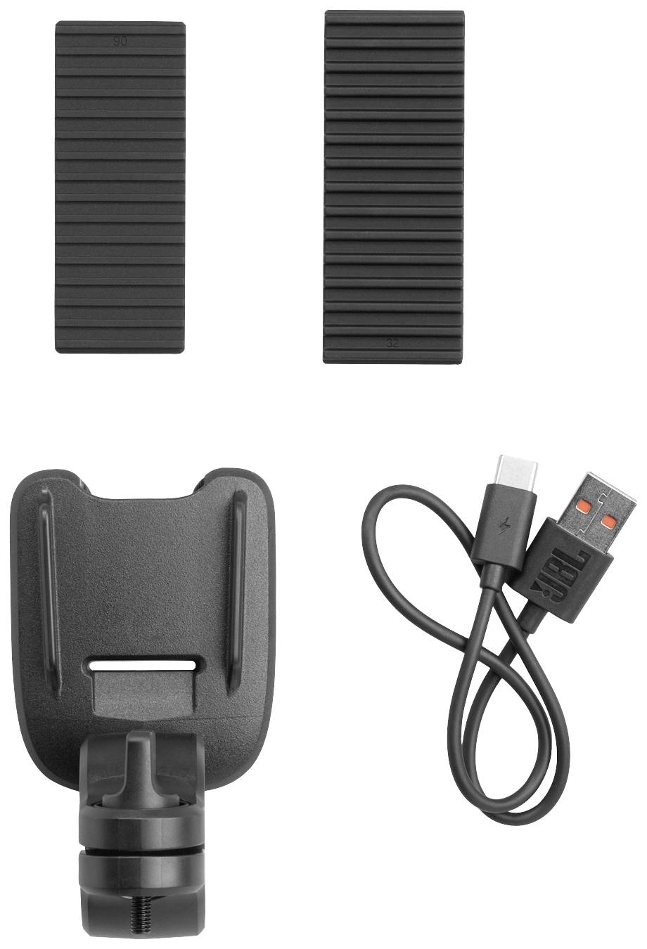 Accessory set for electronic devices comprising two black mounting brackets, a fastening clamp, and a USB cable.