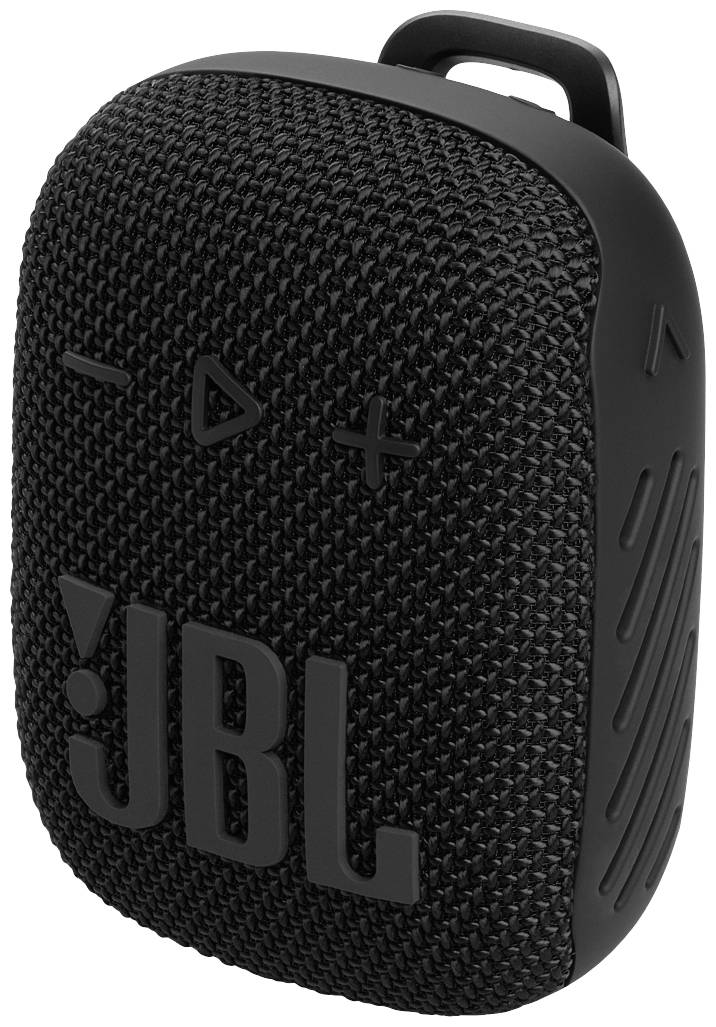 A portable, black JBL speaker with buttons for volume, playback, and the distinctive JBL logo embossed on the front.