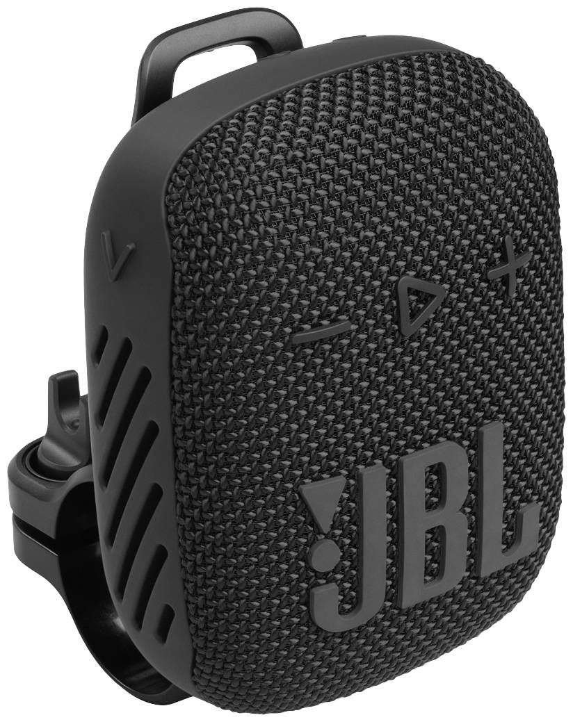 Black, portable JBL Bluetooth speaker with textured casing, large buttons for volume, play/pause and a hanging clip.