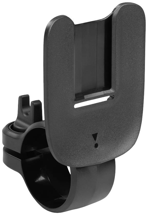 A black plastic mounting bracket with a clamp for securing to round surfaces, suitable for electronic devices or accessories.