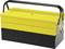 Yellow and black tool box with carry handle, closed.