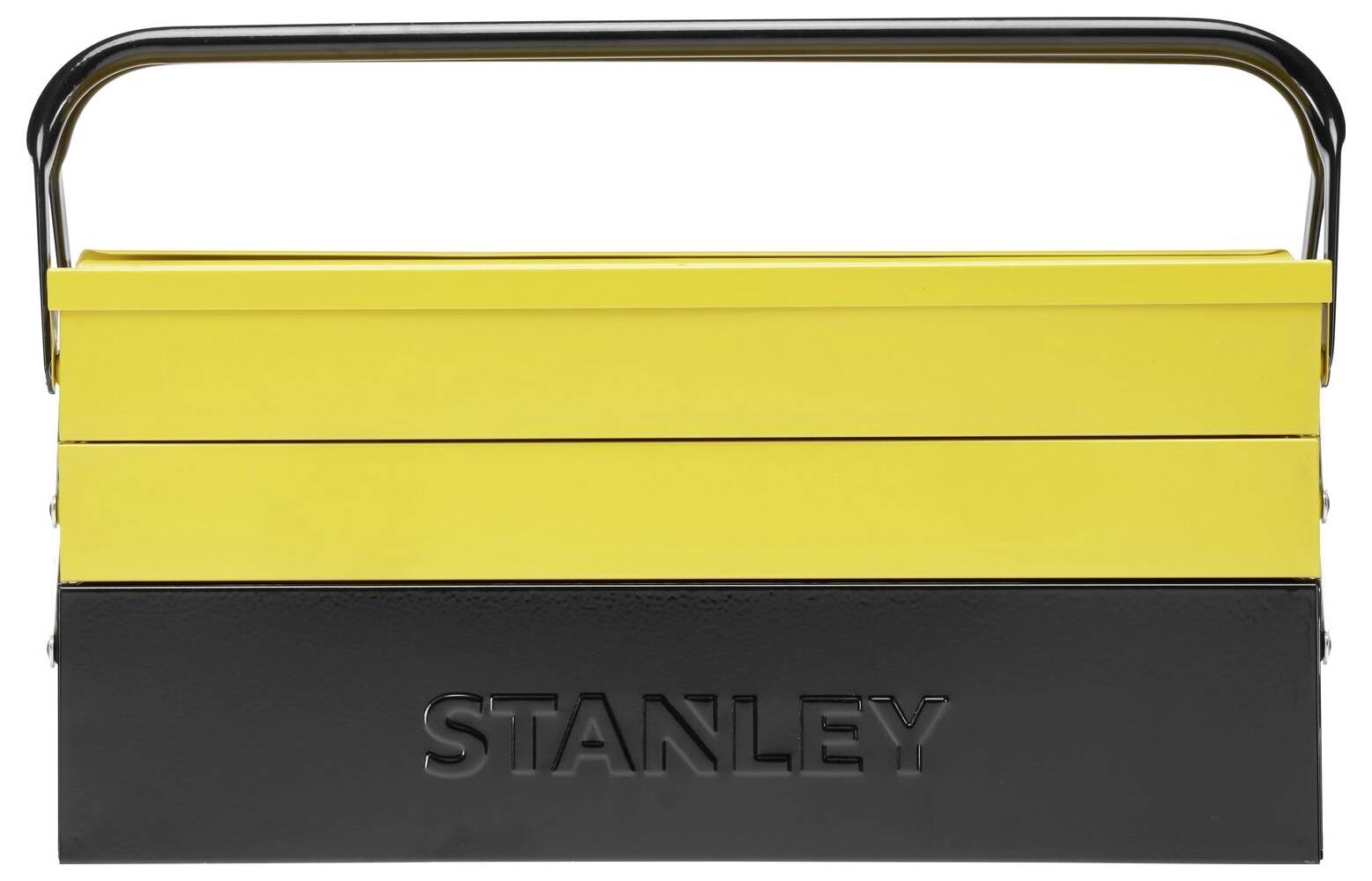 Yellow and black Stanley toolbox with carry handle, opened to reveal two compartments.