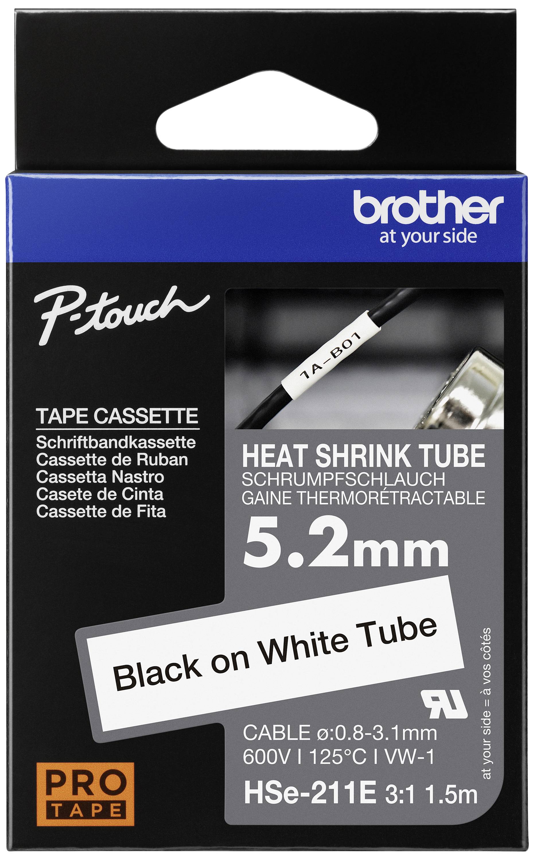 Brother HSE211E Heatshrink label Tape colour: White Font colour: Black 5.2 mm 1.5 m