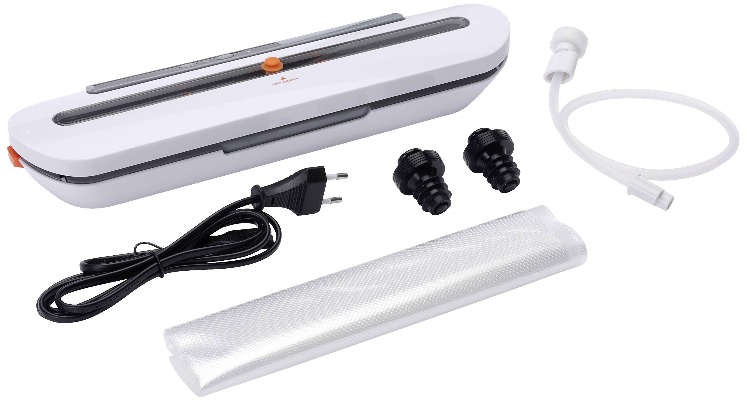 Vacuum sealer set with main device, two sealing clips, power cable and film roll. Ideal for sealing and preserving food.
