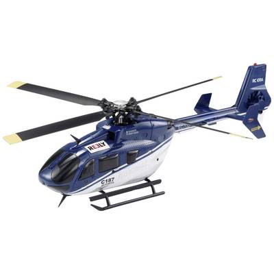 A blue remote-controlled model helicopter with four rotor blades and yellow tips. The fuselage bears the inscription 'C-187'.