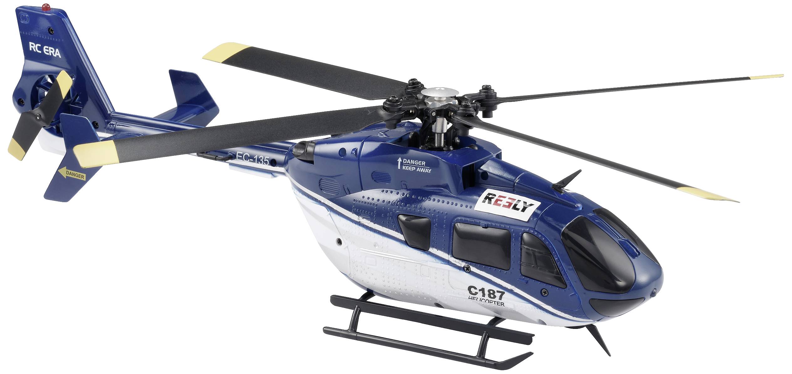 A blue and white model helicopter with 'Rescue' written on its side, standing against a white background.