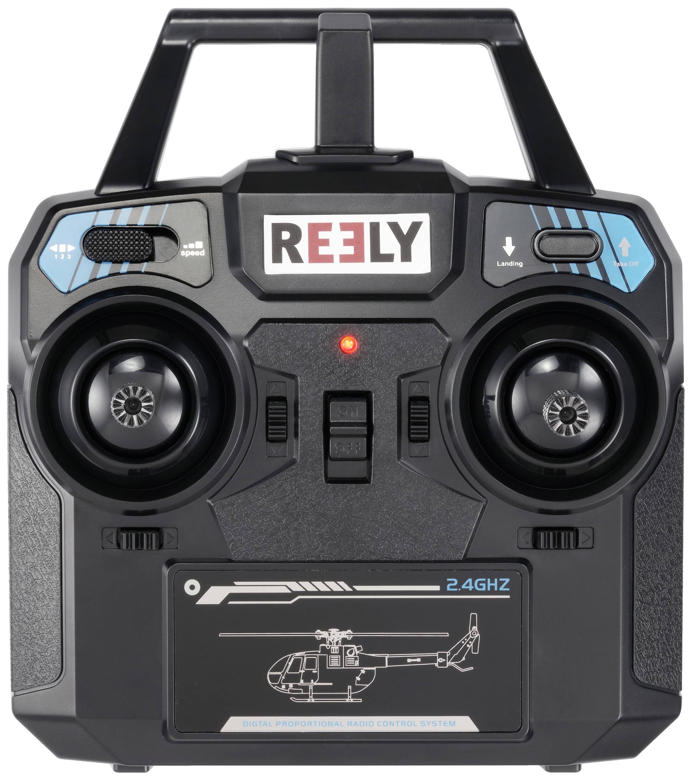 Remote control for model helicopters with two joysticks, start/stop buttons and lever for rotations, black casing.