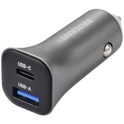 Black USB car charger with USB-C and USB-A ports on the front, with the product name 'Voltcraft' printed on it.