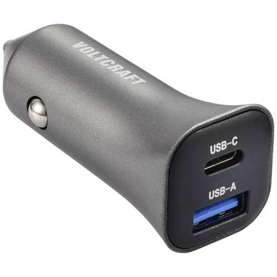 Car adapter in black with USB-C and USB-A ports on the front. 'VOLICRAFT' brand name on the top surface.