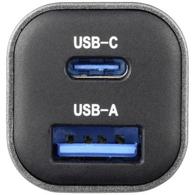 'Close-up of a charger with two ports, USB-C and USB-A, both labelled. The USB-C port is at the top, USB-A at the bottom.'