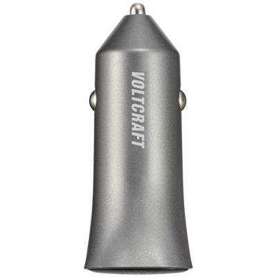 Silver car charger with 'VOLTCRAFT' logo. Compact, with a round casing and USB output on the front.