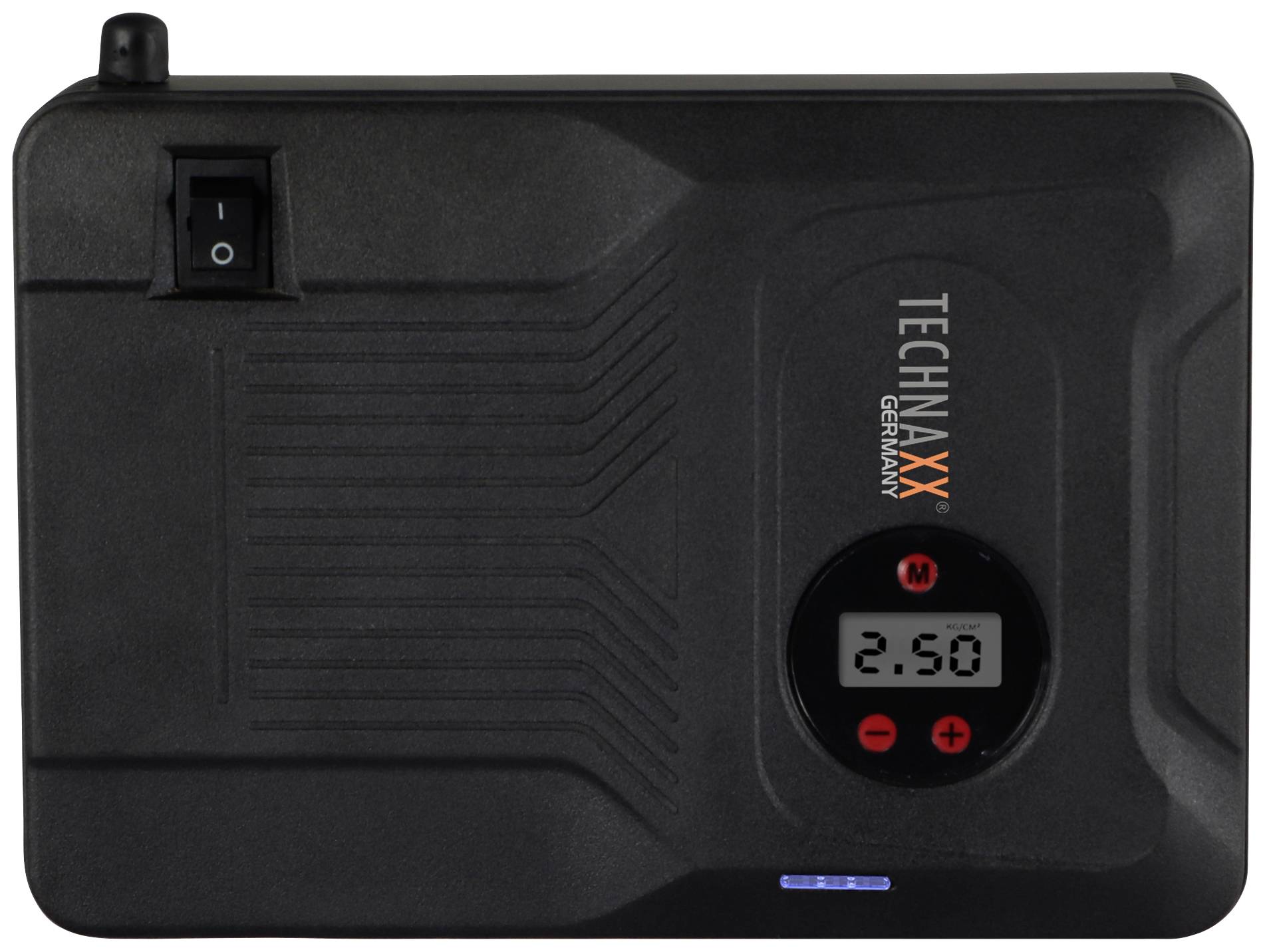Technaxx Compressor with Digital Display and On/Off Switch. Displays 2.50 on the screen. Black, compact design.