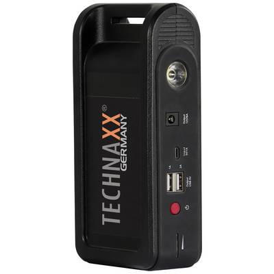 Compact black car jump starter and power bank device with two USB ports, charging port, and built-in torch.