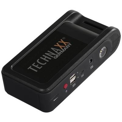 Portable black charger by Technaxx with USB ports and built-in torch, suitable for mobile devices.