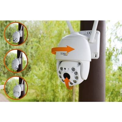 Surveillance camera mounted on an outdoor post, demonstrating its pan and tilt movement for monitoring in different directions.