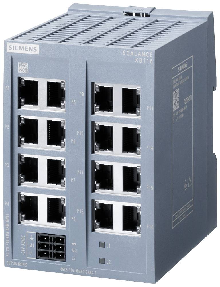 A grey network switch from Siemens, model Scalance XB116, with 16 Ethernet ports for industrial applications.