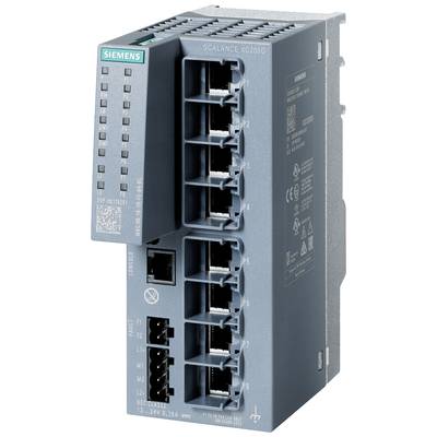 A grey Siemens SCALANCE XC208G network switch with multiple Ethernet ports, illuminating a green LED; designed for industrial applications.