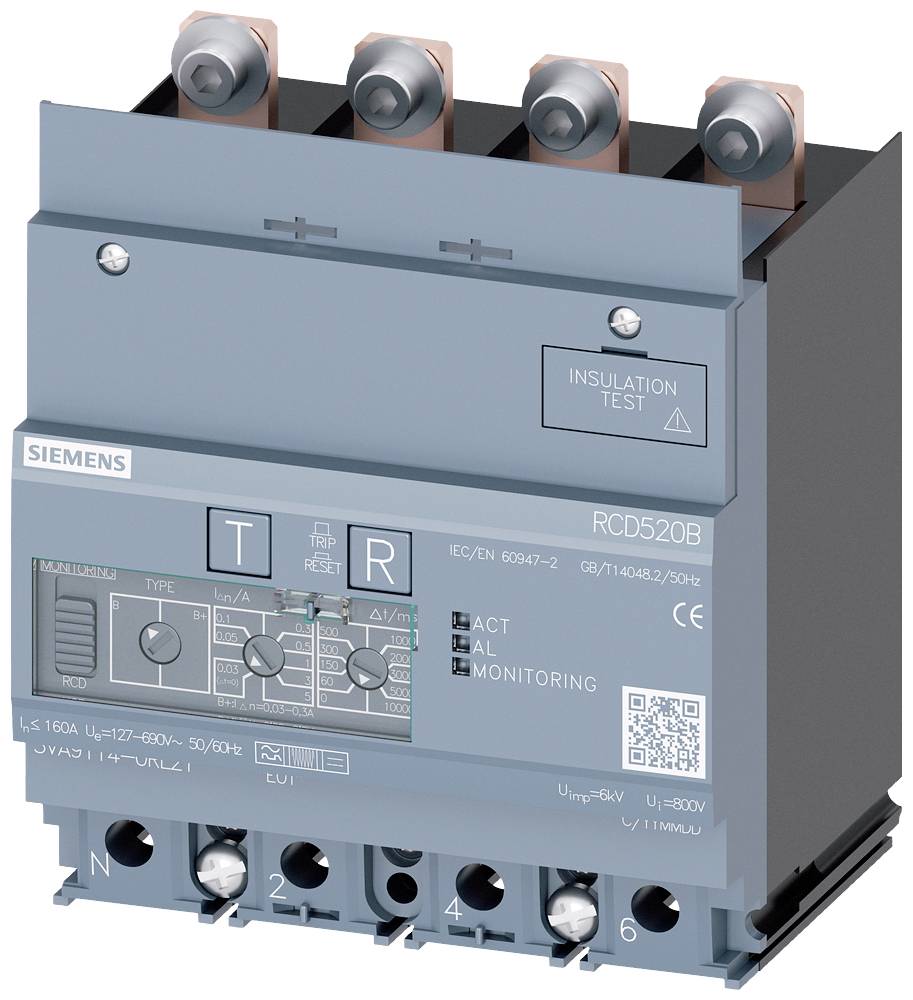 'RCD520B Circuit Breaker' with changeover switches and connections at the top and bottom. Includes test and monitoring functions.