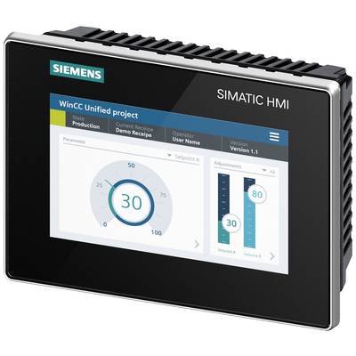 Image of a Siemens SIMATIC HMI device with a display showing information about a WinCC Unified project, including parameters and settings.
