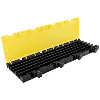 Yellow plastic cable bridge, open, with multiple cable channels and a ribbed design for slip-resistant ground support.