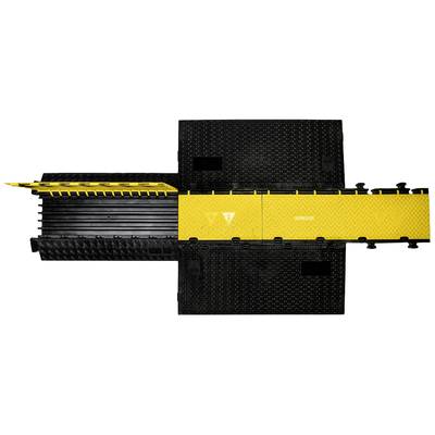 Yellow cable bridge with removable cover, mounted on a black base, protects cables in publicly accessible areas.