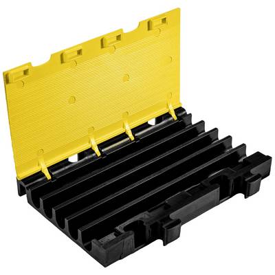 A robust cable bridge protector made of black plastic with a yellow lid, designed to safeguard cables in high-traffic areas.