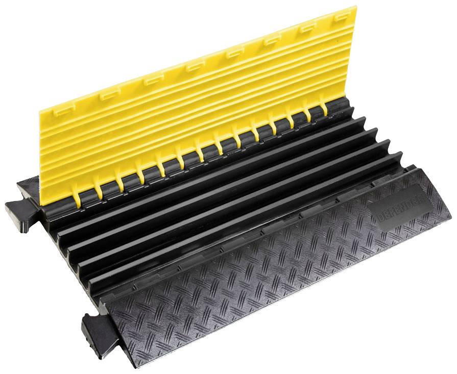 A cable protector in black and yellow with a hinged lid. Prevents damage and trip hazards on the floor area.
