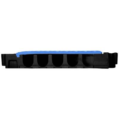 Cross-section of a black rectangular object with a blue cover on top, showing five semi-circular cavities.