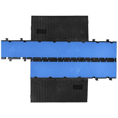Blue and black plastic floor system with interlocking elements that forms a stable and portable surface.