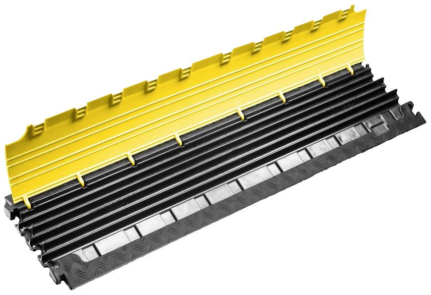 Cable bridge made of yellow and black plastic, with multiple channels to protect cables and prevent tripping hazards.