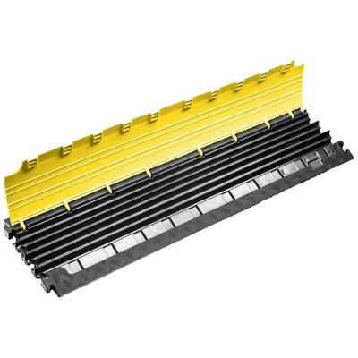 Cable bridge made of yellow and black plastic, with multiple channels to protect cables and prevent tripping hazards.