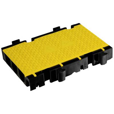 Black cable bridge with a yellow, structured surface to protect cables. Suitable for use in industrial environments.