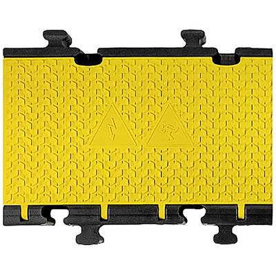 Yellow cable bridge with warning symbols, non-slip surface, black edge pieces at top and bottom, suitable for cable protection.