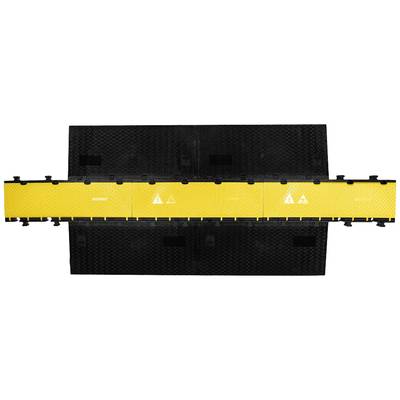Yellow and black multi-channel cable cover bridge providing safe cable routing and preventing trip hazards in work environments.
